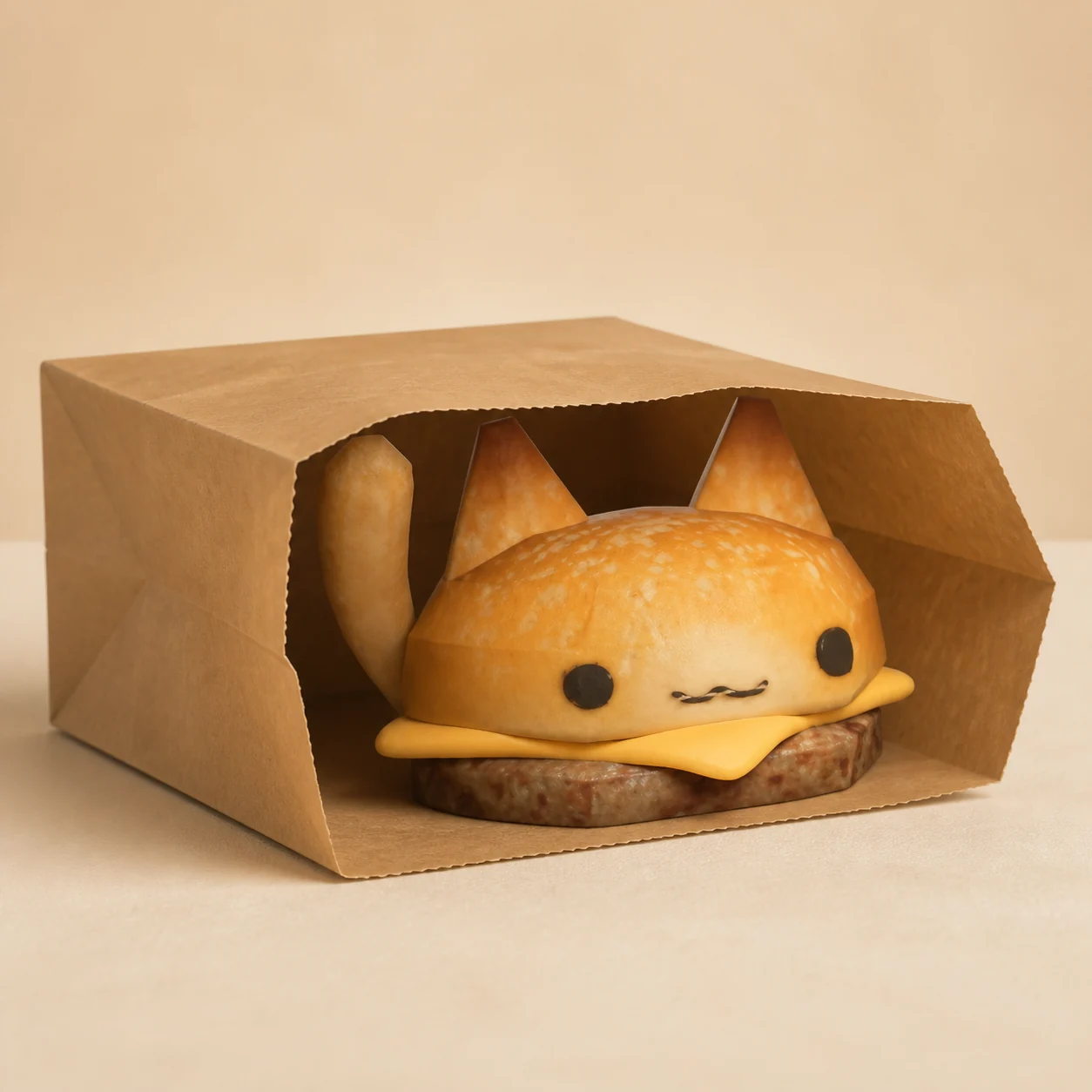 Catburger climbing out of a bag